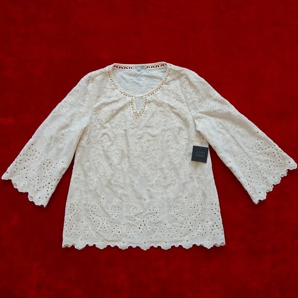 John Mark Tops - John Mark Velvet Tunic Top Women's Size M Ivory Embroidered Loose Fit